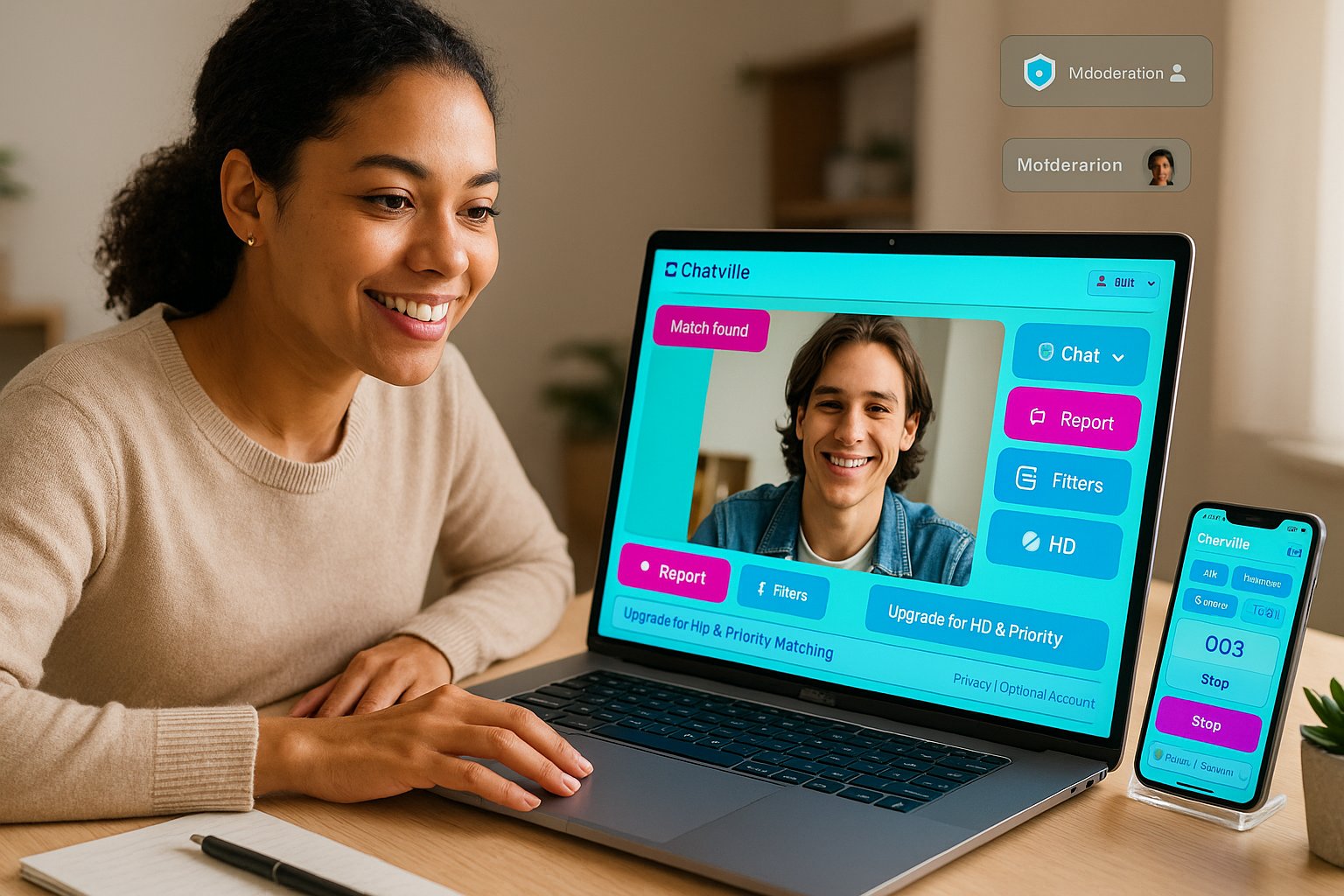 Young woman using laptop showing Chatville video chat UI with branded colors.