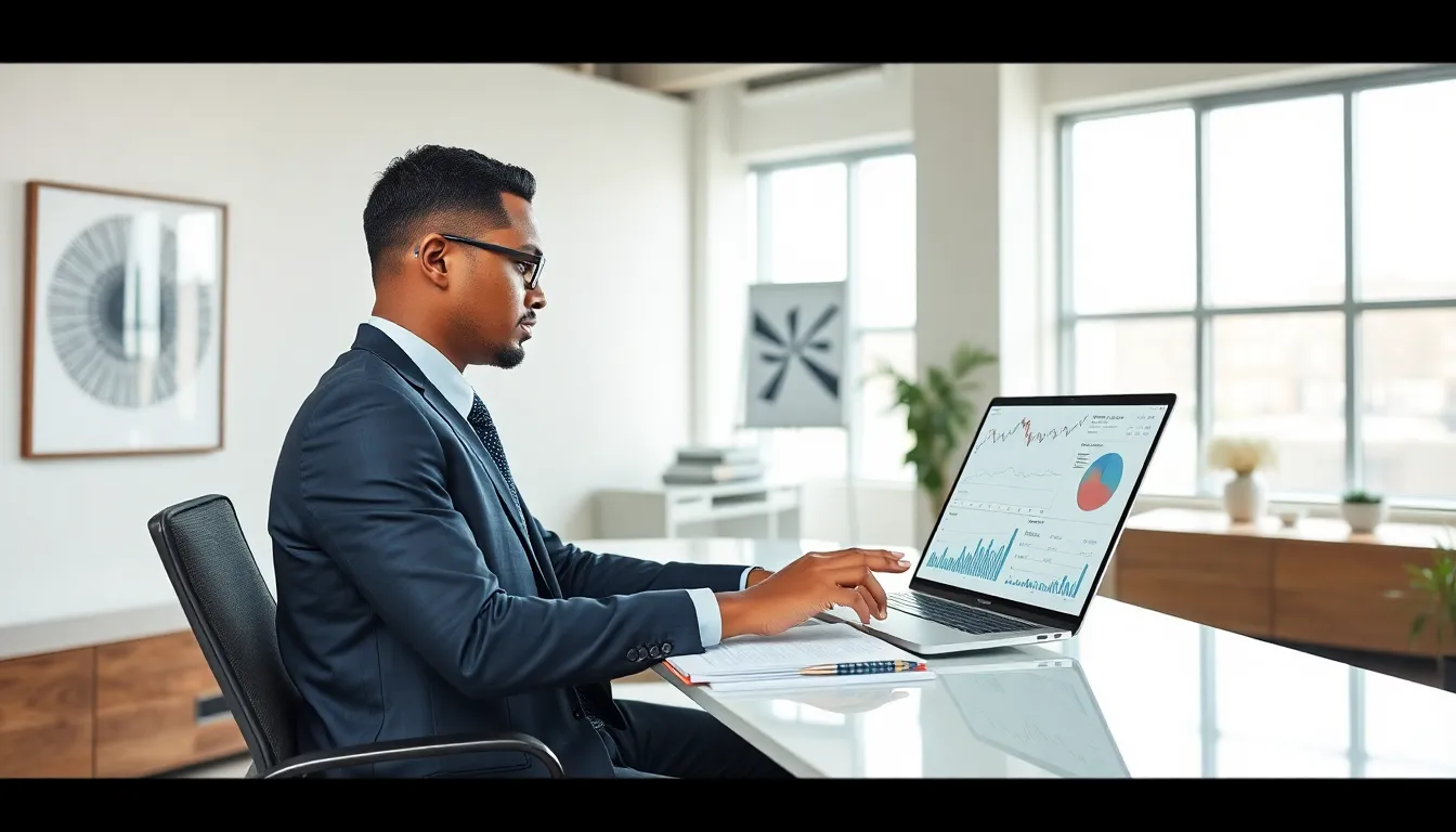 analyst reviewing economic trends in a modern office.
