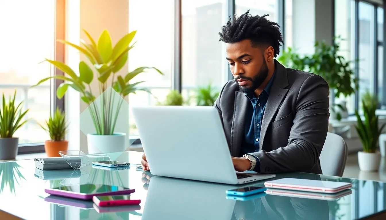 a focused digital entrepreneur working in a modern office.