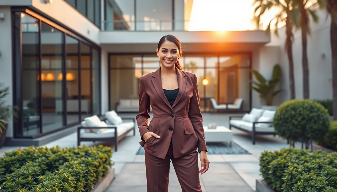 a stylish woman in business attire in front of a modern home at sunset.