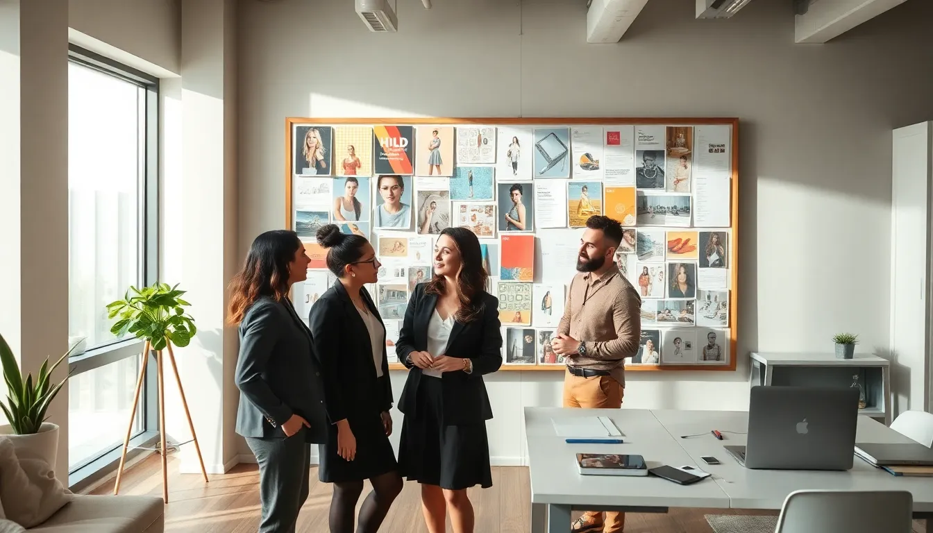 A diverse team discussing ideas at a modern inspiration board.