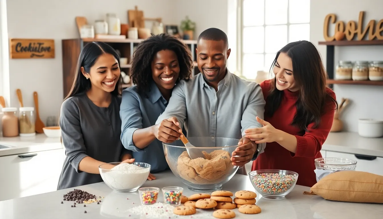 diverse bakers in a cozy kitchen creating cookies.