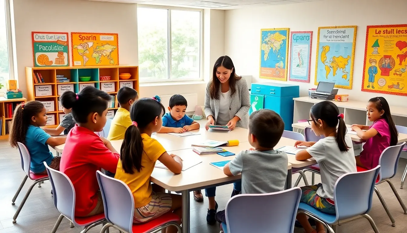 diverse children learning in a bilingual classroom setting.
