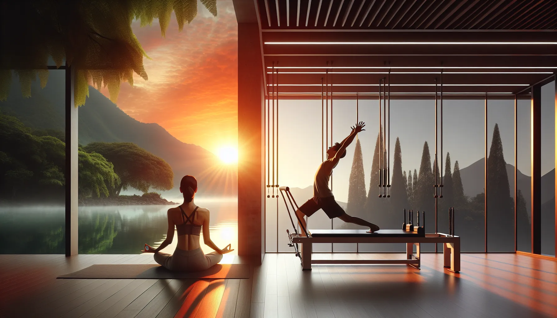 Yoga at sunrise and Pilates in a gym, illustrating their unique benefits.