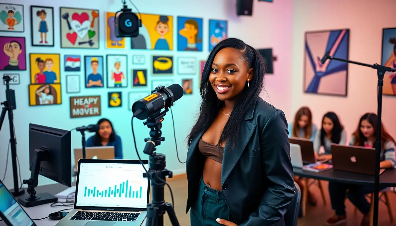 JheniferFFC in a vibrant studio, engaging with camera and collaborating team.