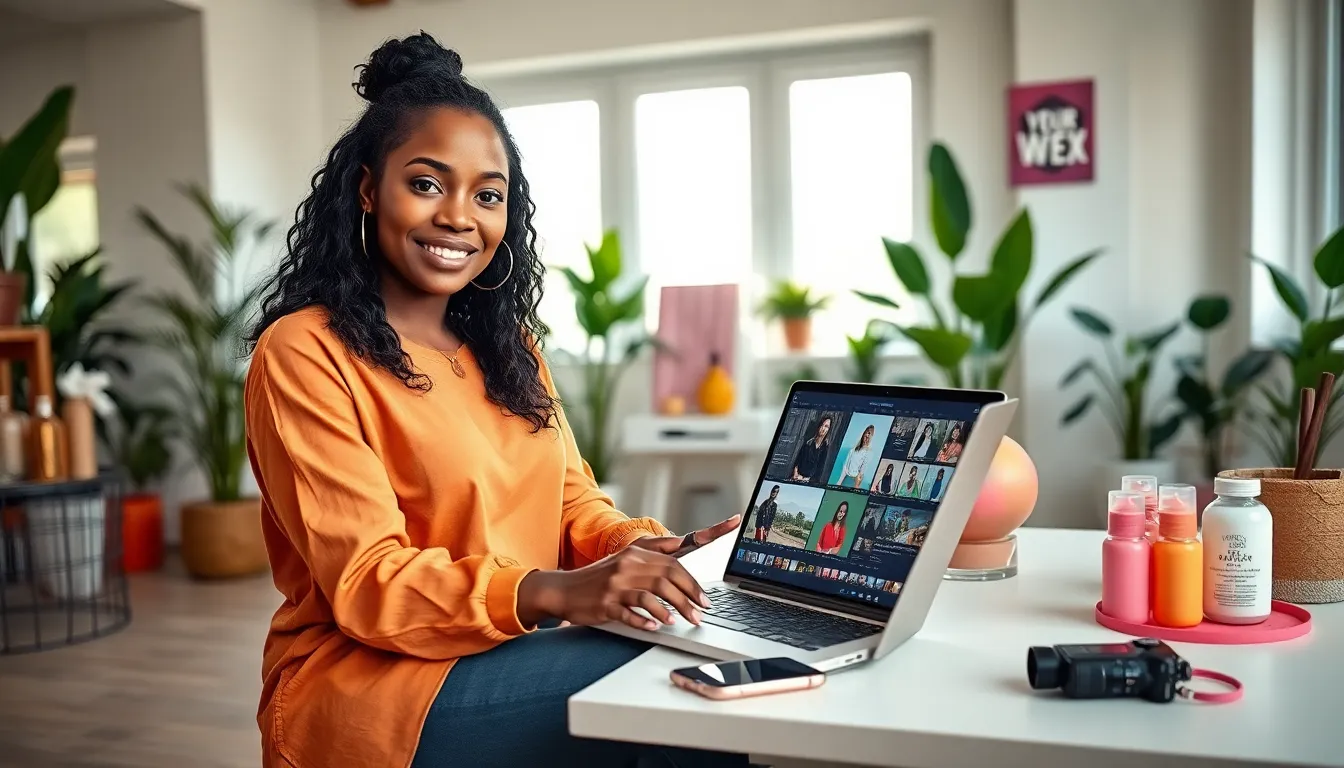 Fashionable influencer creating content in a modern workspace.