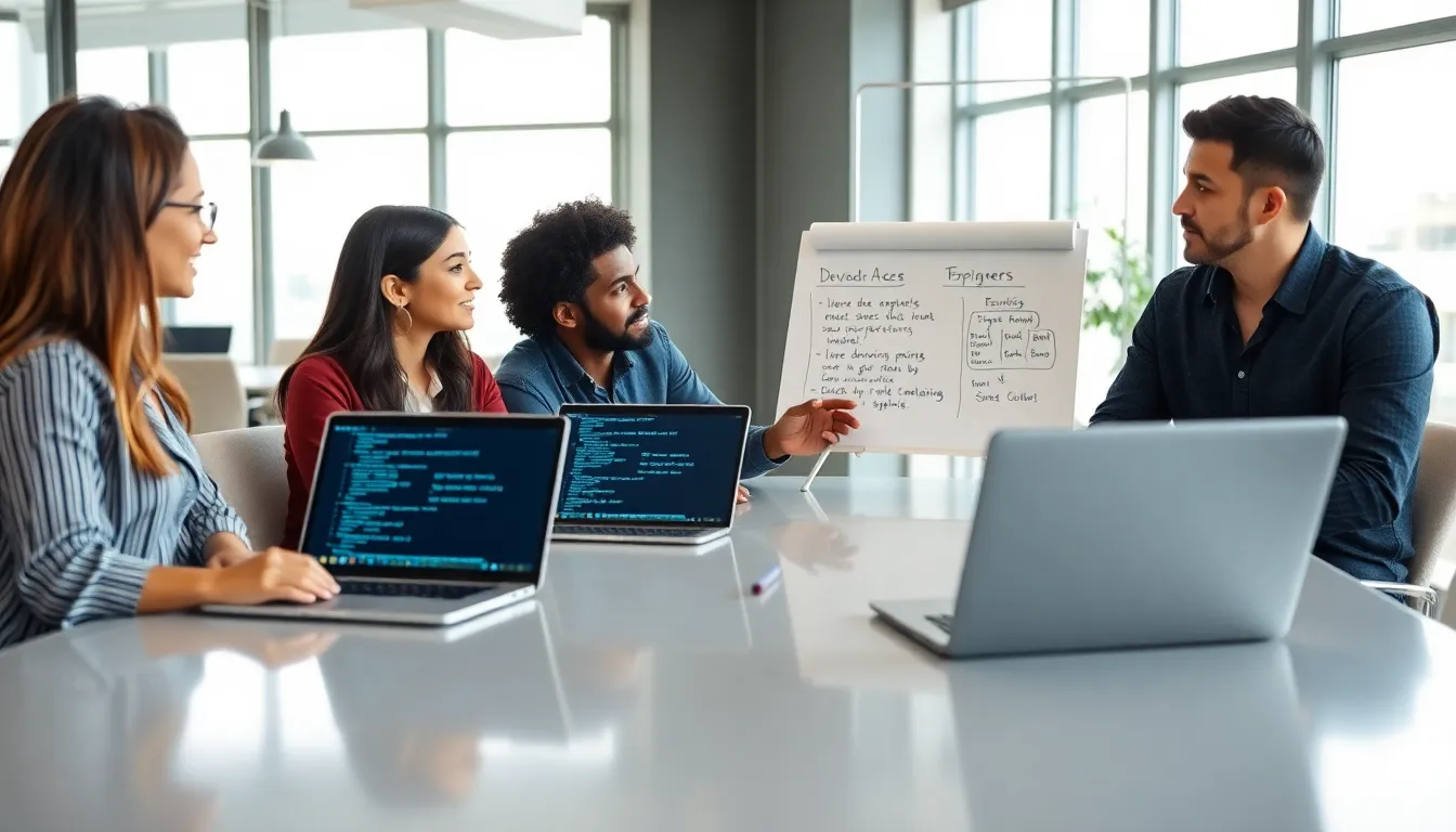 diverse professionals discussing DevOps and software engineering roles in an office.