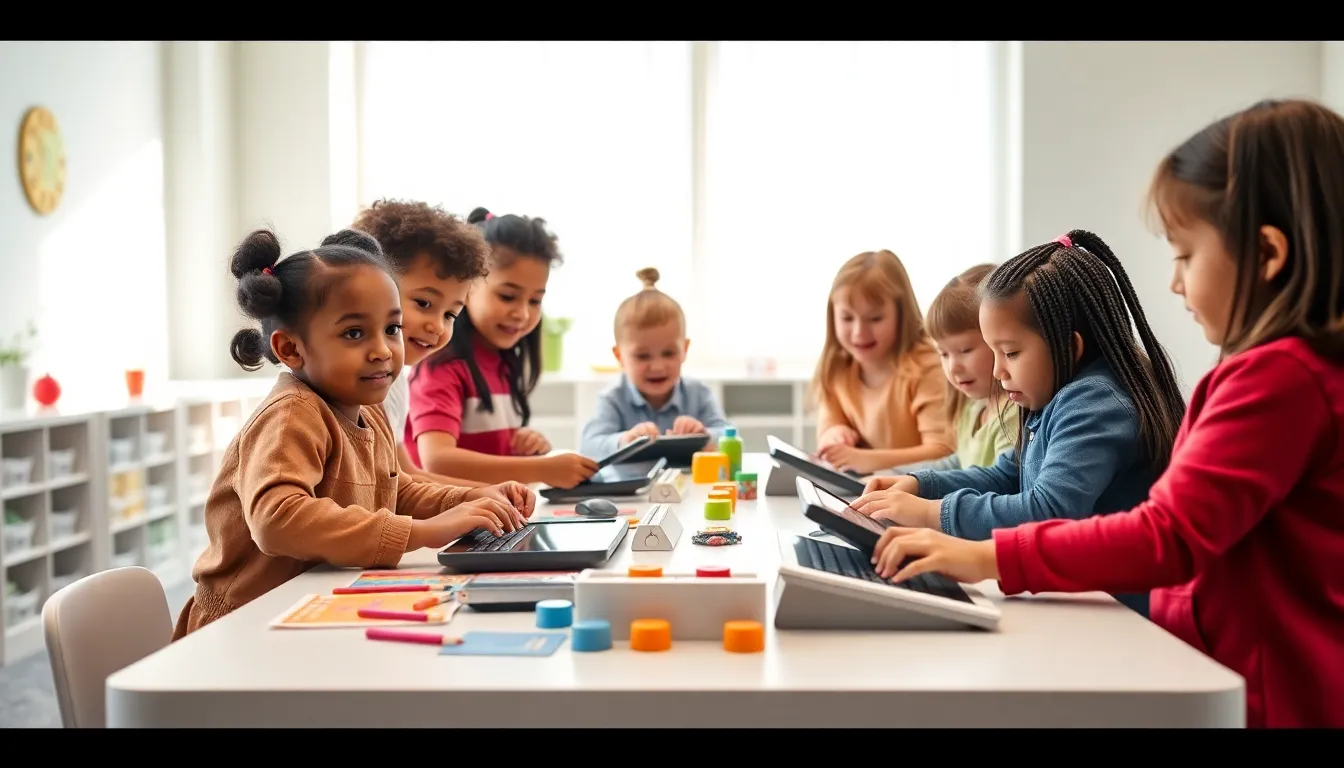 diverse children engaging in collaborative learning activities in a modern classroom.