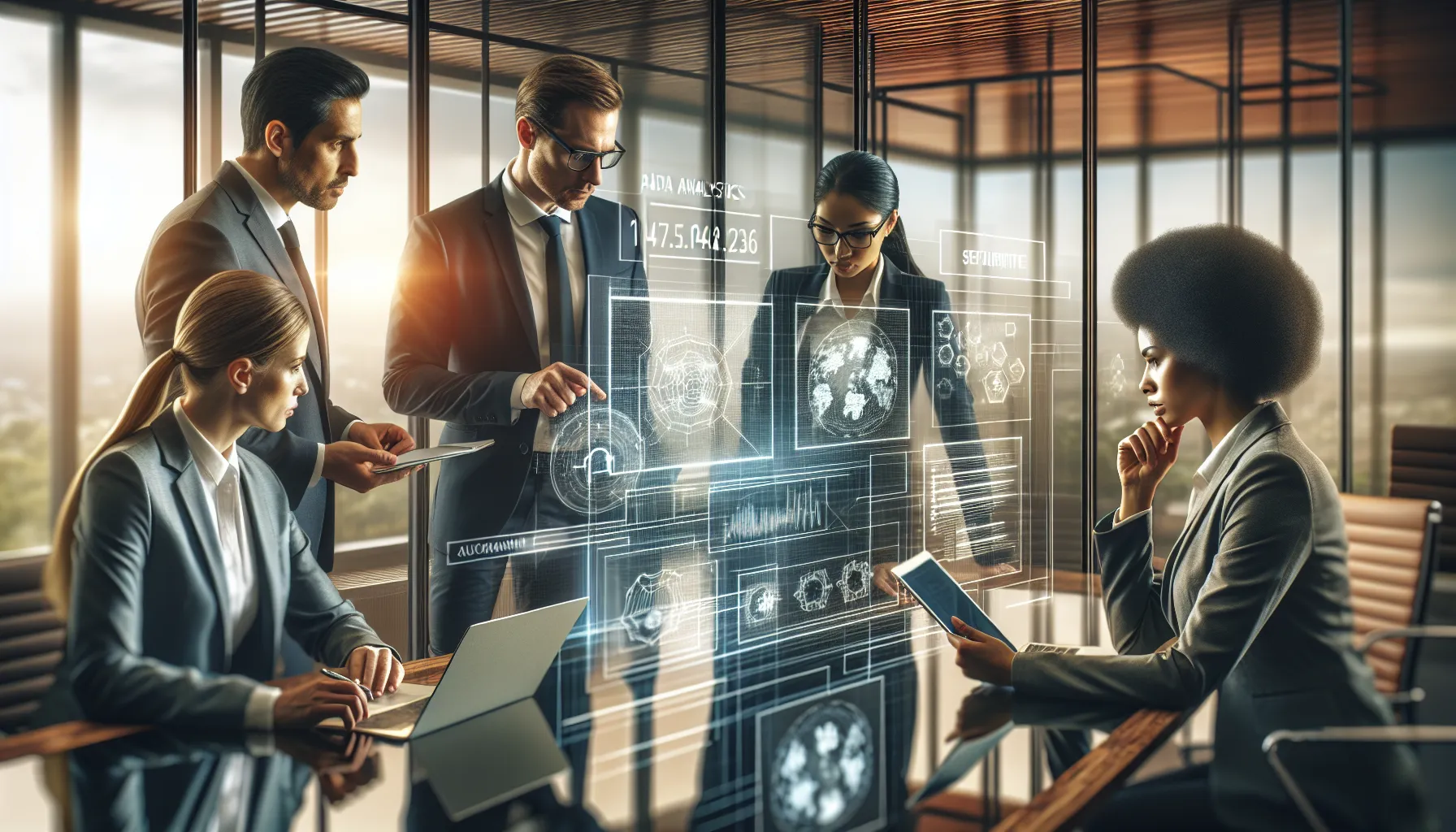 diverse cybersecurity team discussing network security in a modern office.