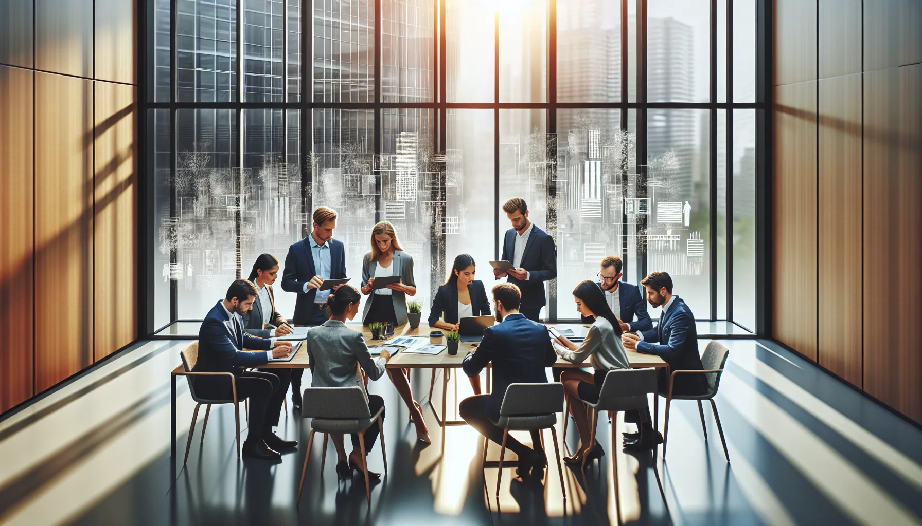 diverse professionals discussing tax contributions in a modern office setting.