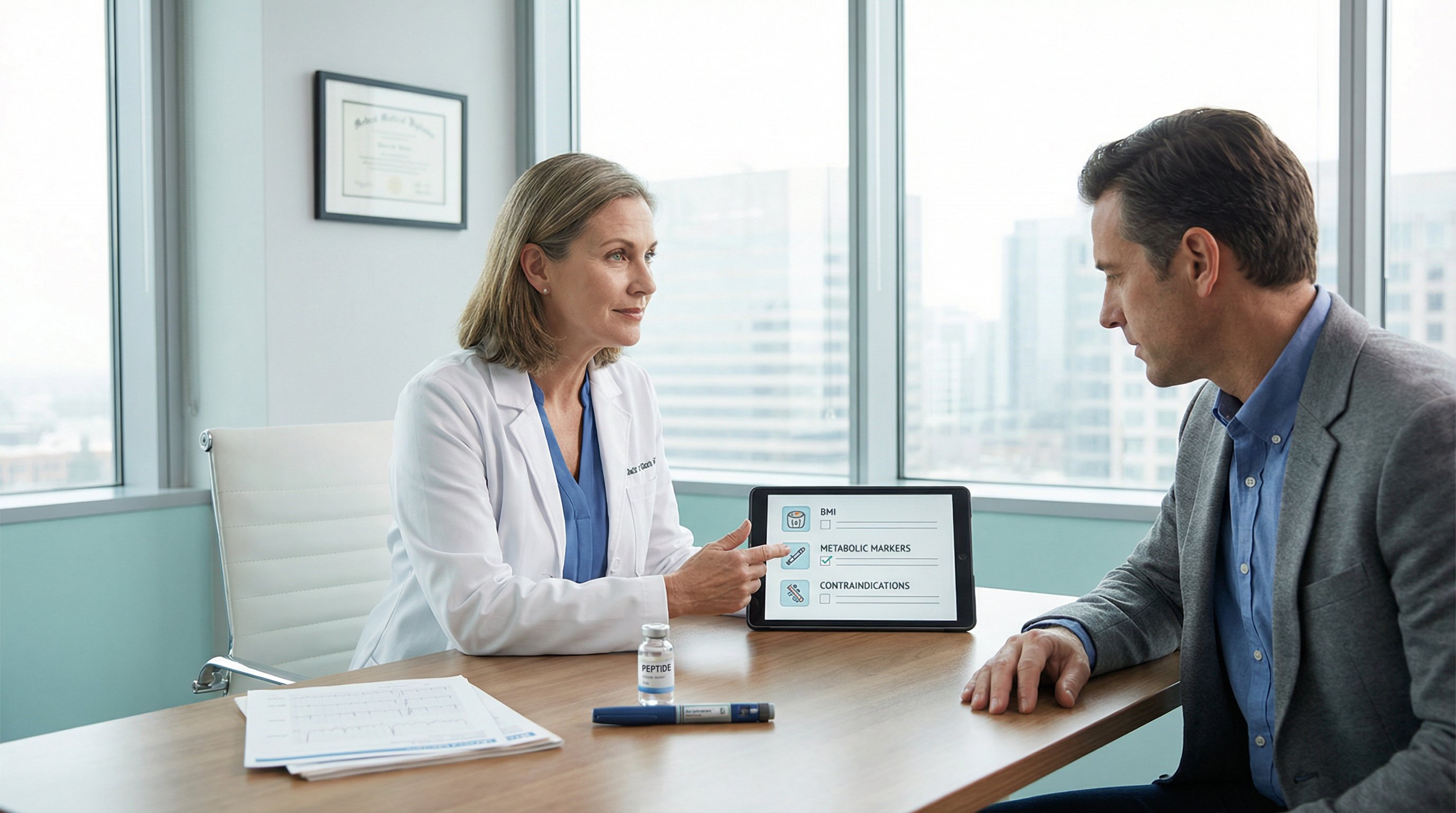 Physician consulting a patient about peptide therapy safety in a modern medical office.