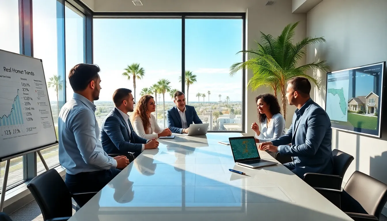 real estate professionals discussing market trends in a sunny office.