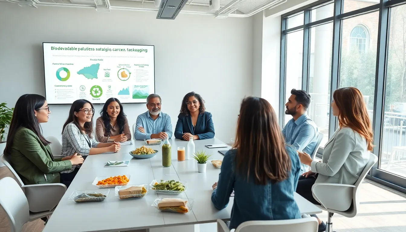 diverse team discussing sustainable food packaging in a modern office.