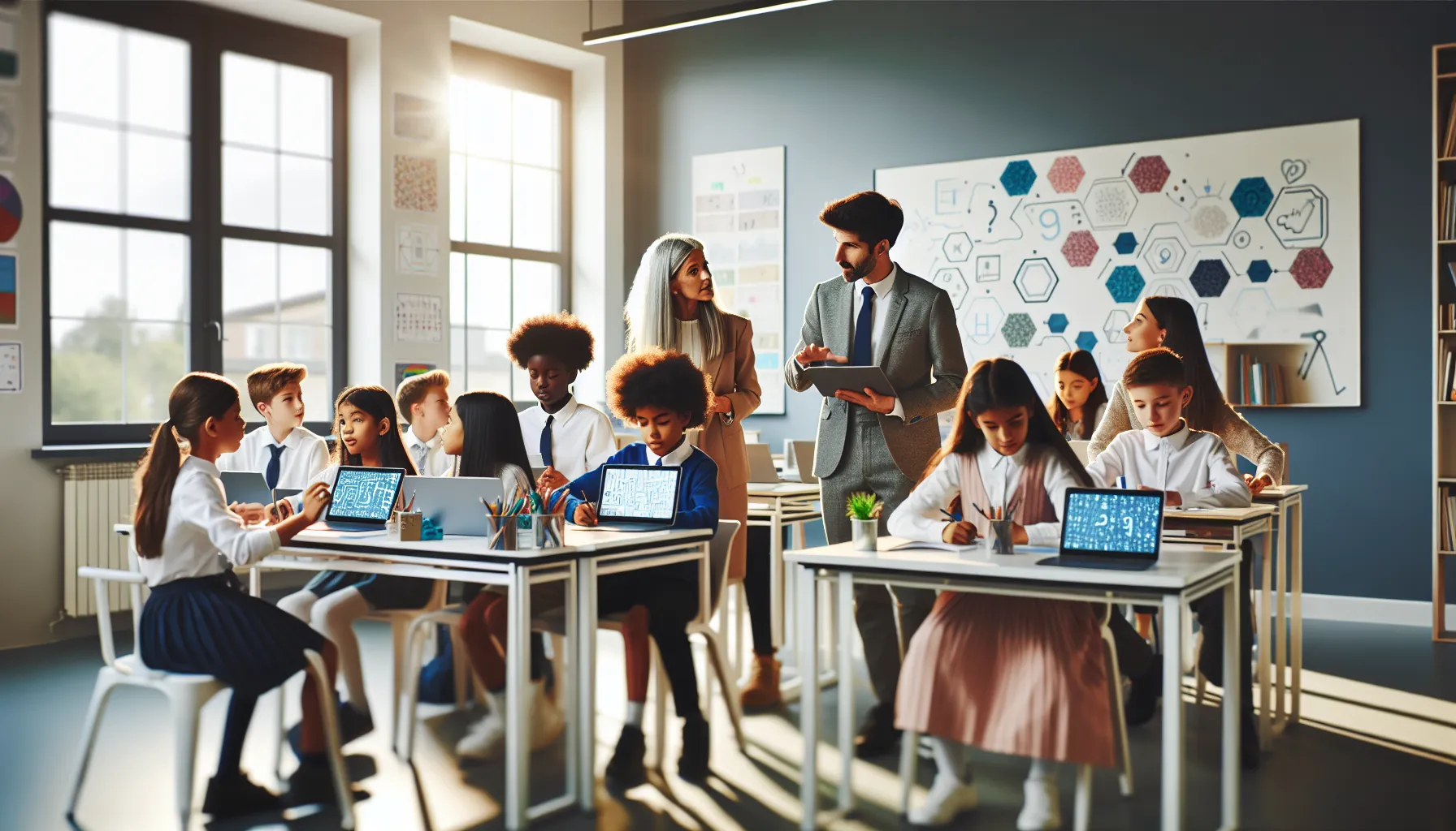 A teacher engaging diverse students in a vibrant modern classroom.