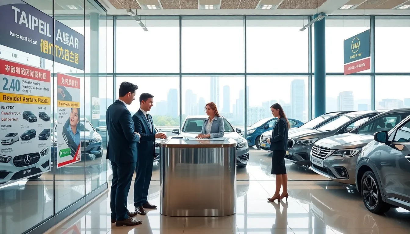 busy rental car agency in Taipei with diverse professionals.