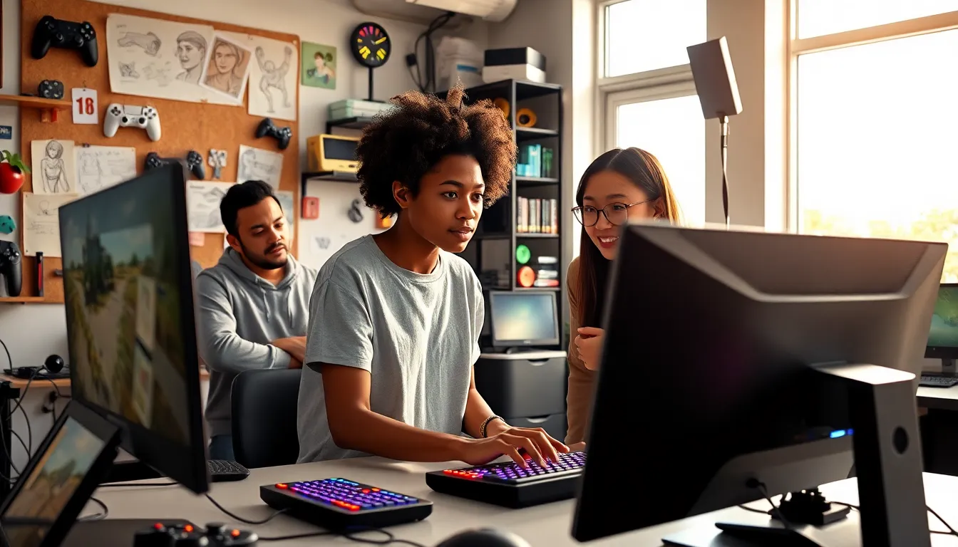 three game developers collaborating in a bright gaming studio.