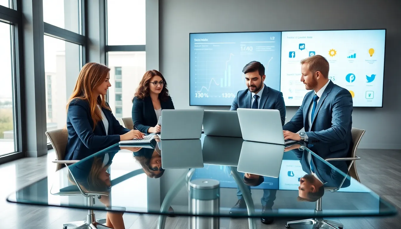 diverse team discussing social media marketing strategies in a modern office.