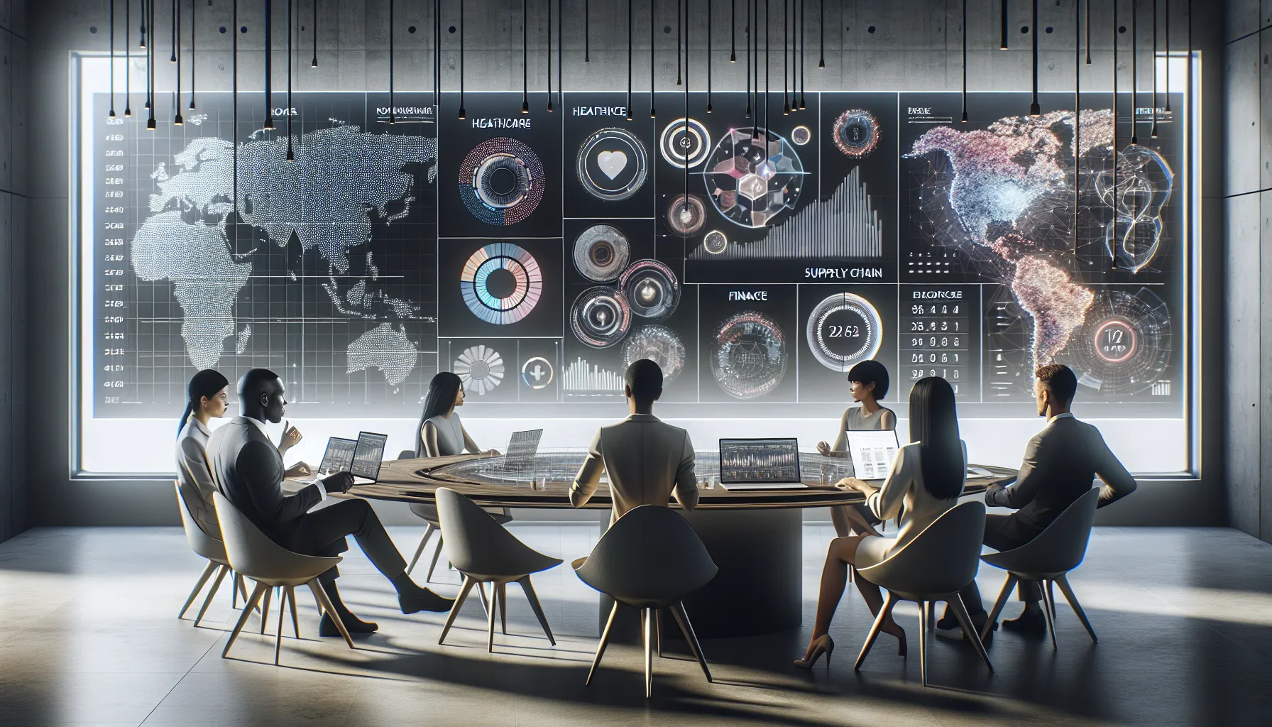 professionals collaborating in a modern office setting with digital data displays.