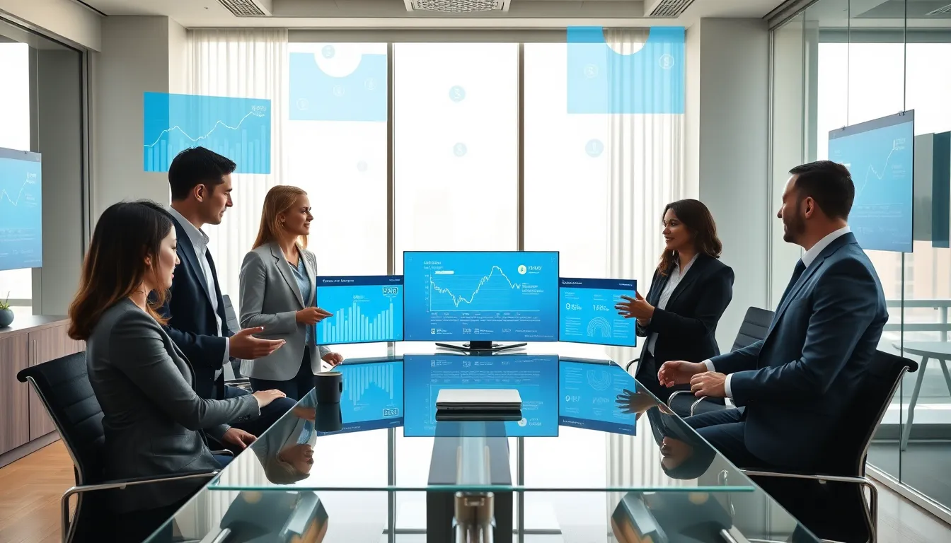 business professionals discussing Ripple's impact on cryptocurrency in a modern office.