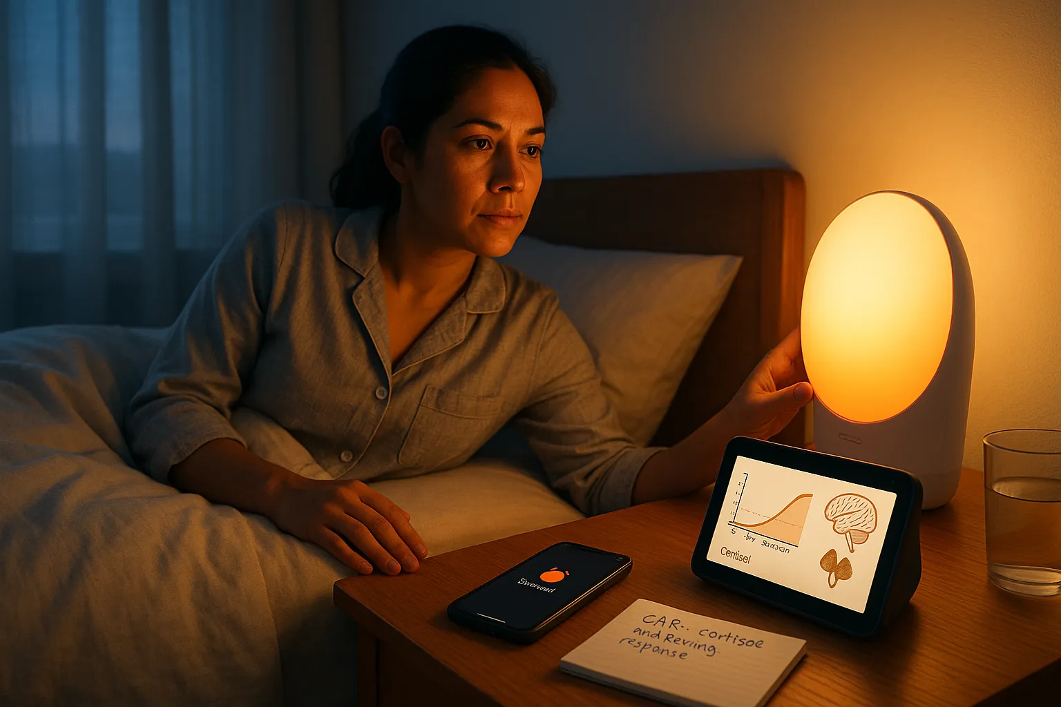 Person waking peacefully to a sunrise alarm with cortisol graph on bedside device.