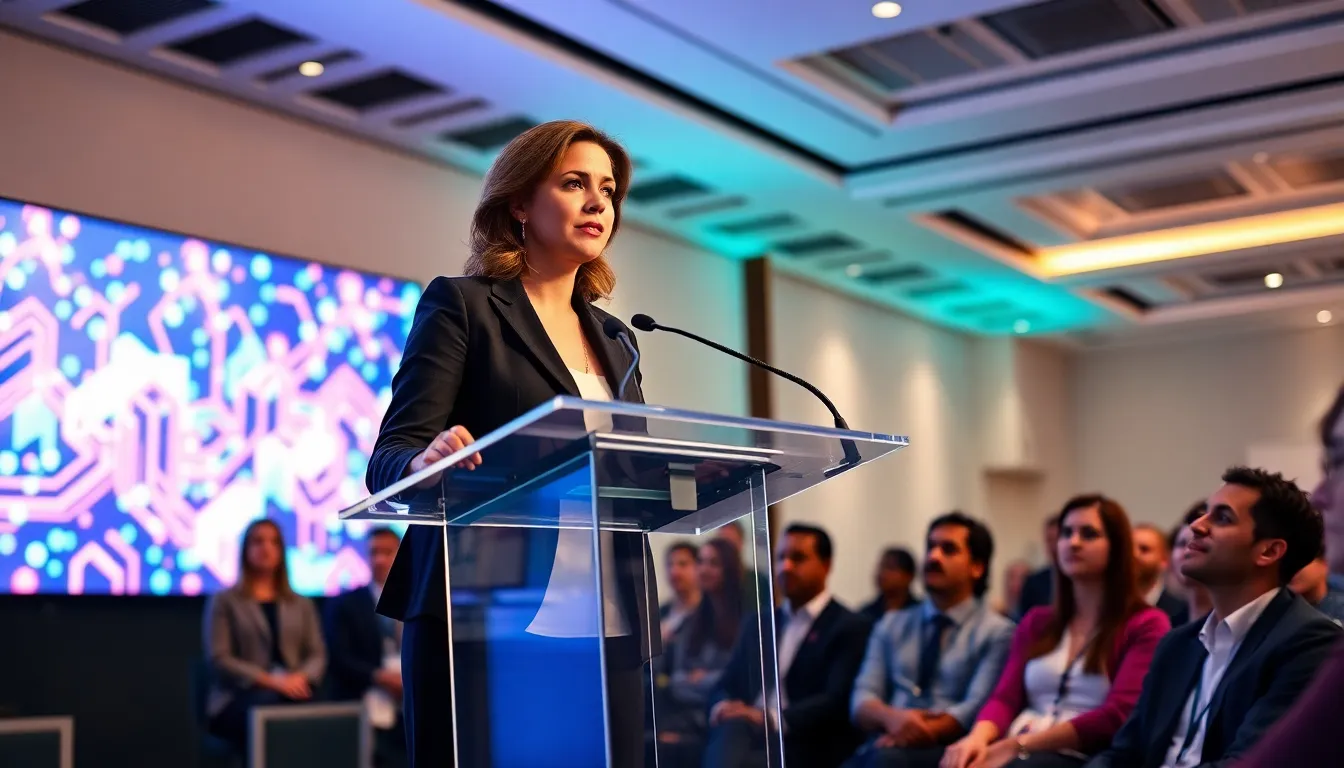 Rebecca Applewhite presenting at a cryptocurrency conference.