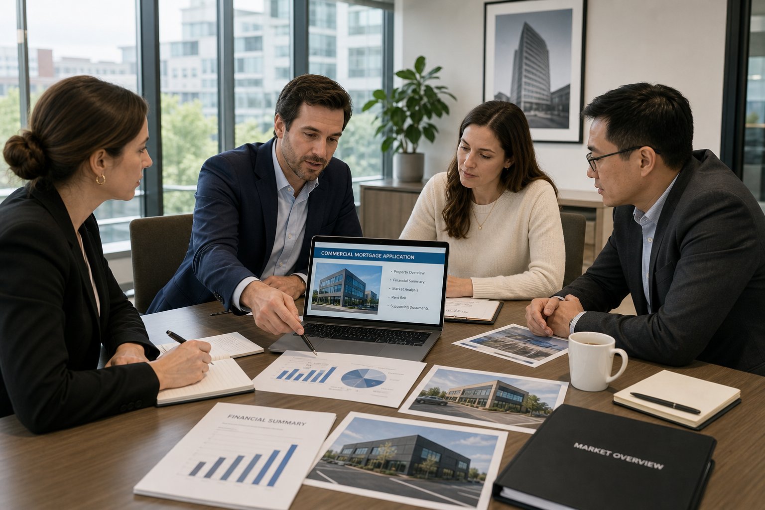 Small group meeting about a commercial mortgage application in a modern daylight meeting room.