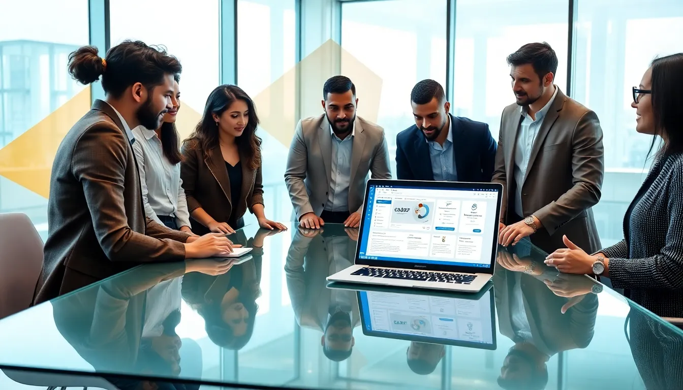 diverse team collaborating on low code no code automation in a modern office.
