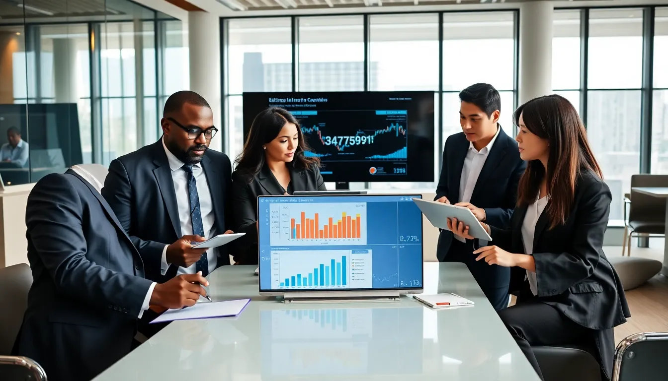 professionals discussing data in a modern office setting.
