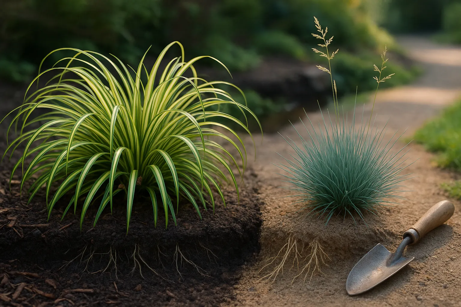 Side-by-side Carex oshimensis and Festuca glauca clumps showing leaf and root differences.
