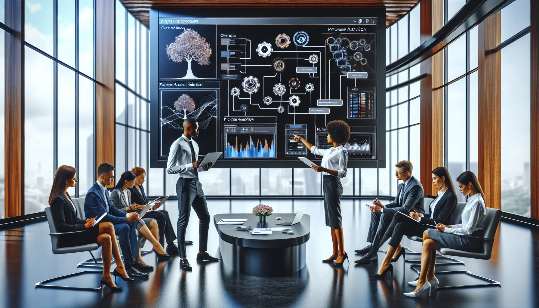 professionals in a modern office discussing Tamham70's productivity solutions.