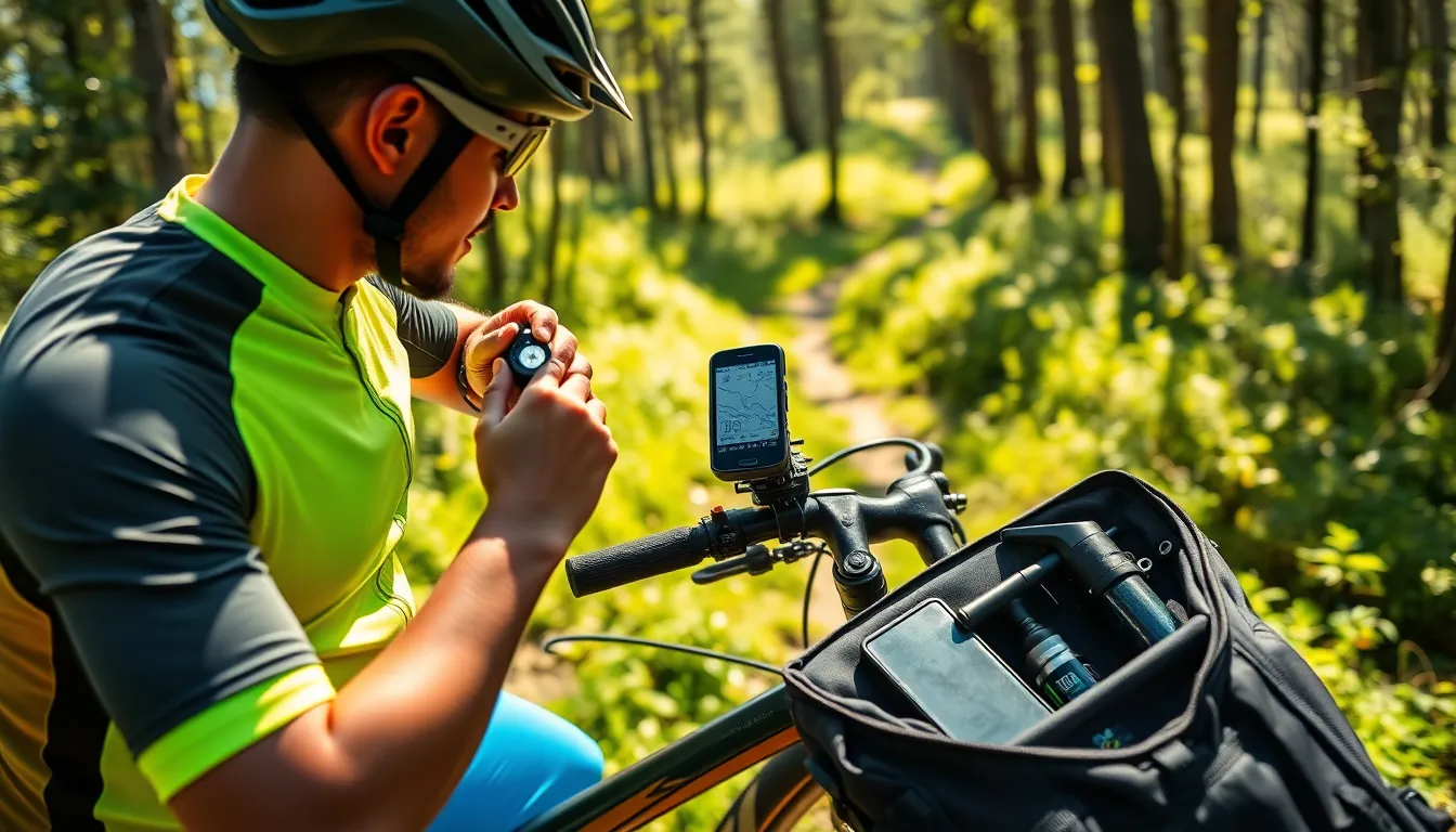 mountain biker adjusting gadgets on a trail.