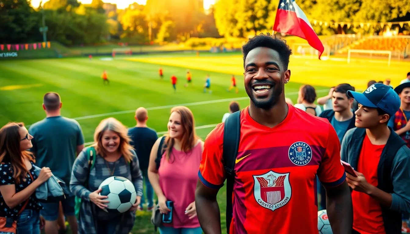 A diverse group of football fans celebrating in a park.