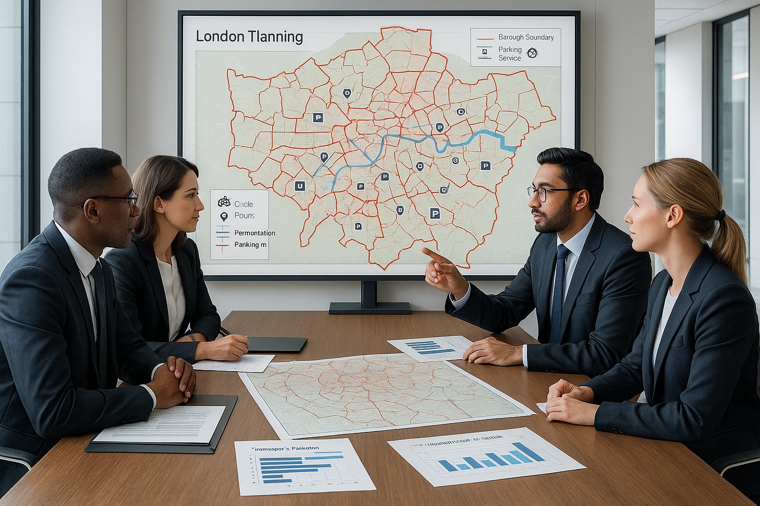 Transport planners reviewing London policy maps and transport data in an office.