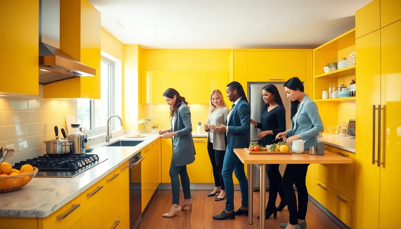 Modern kitchen with yellow accents and diverse professionals cooking.