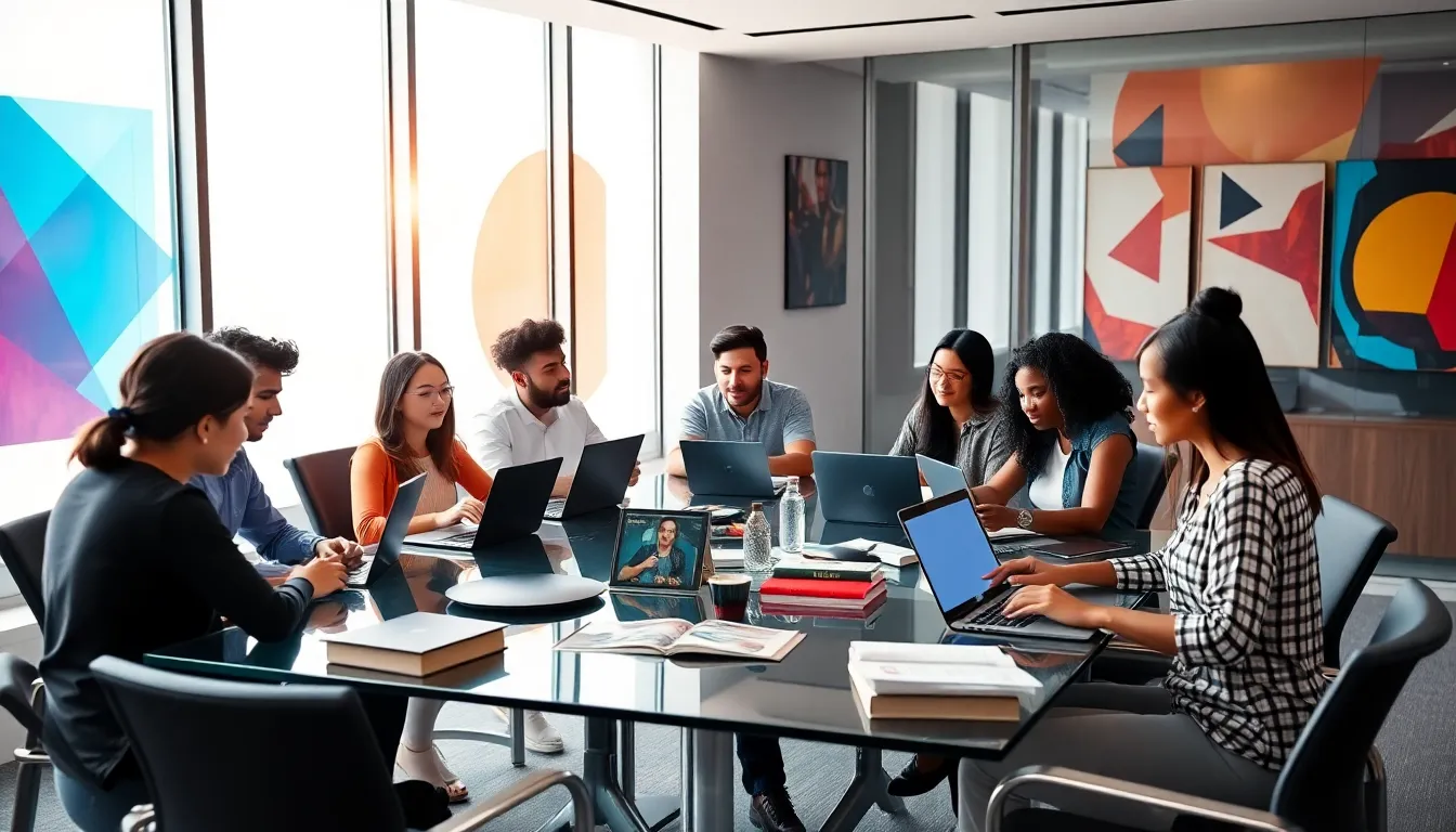 diverse group collaborating on creative content in a modern workspace.