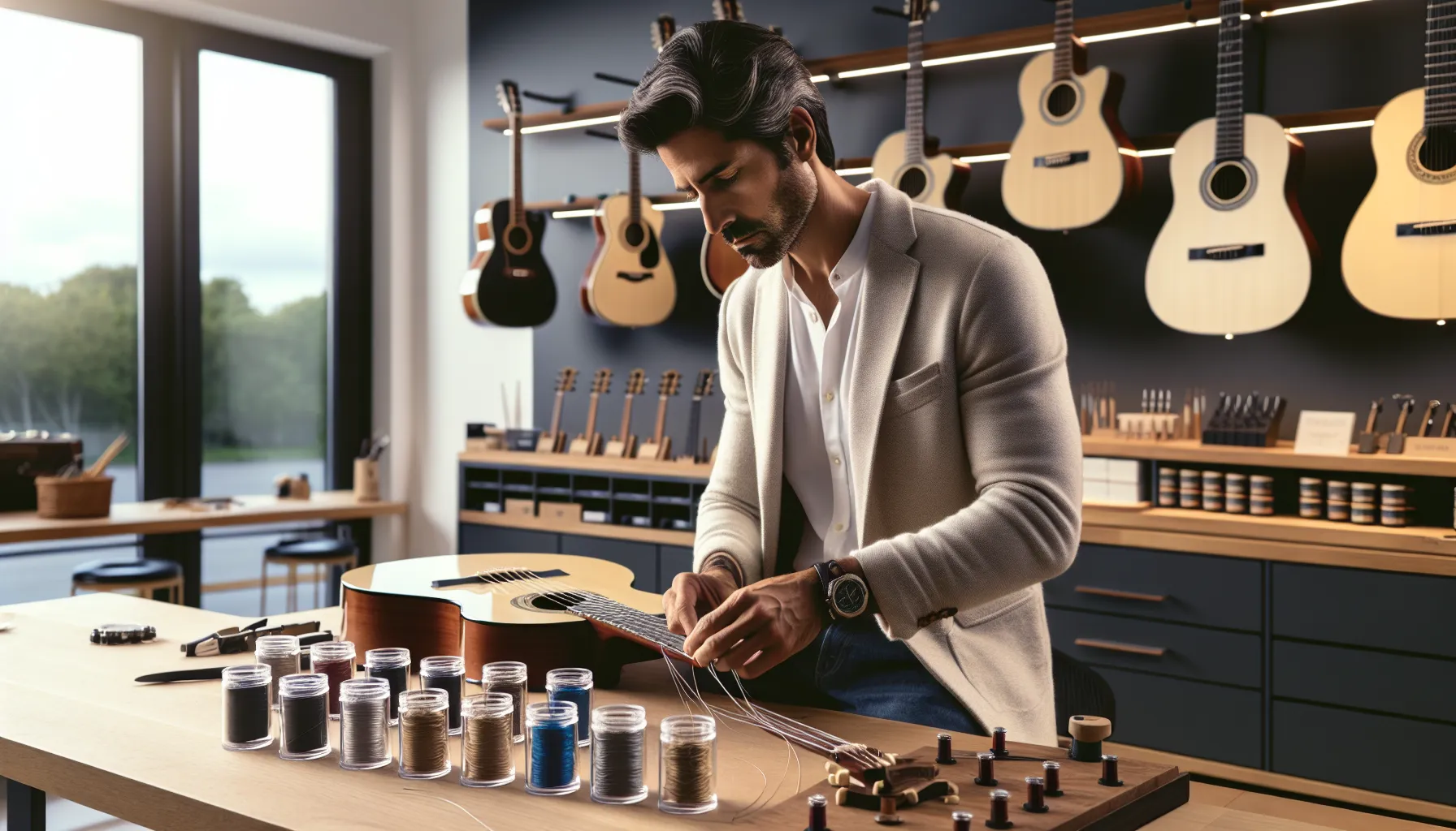 luthier restringing a guitar in a modern guitar shop.