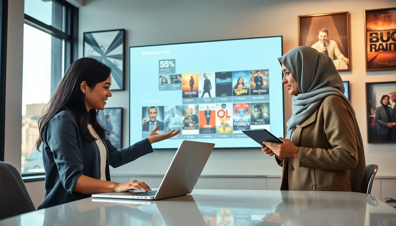 diverse team discussing movie recommendations in a modern office.