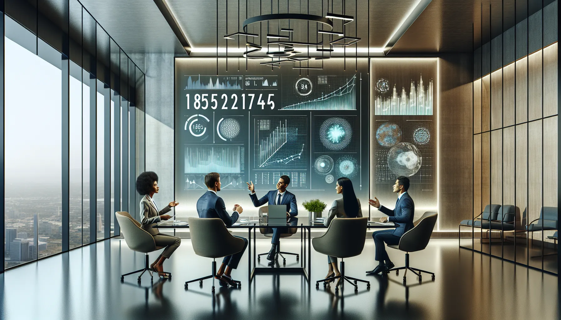 diverse professionals discussing data in a modern office setting.