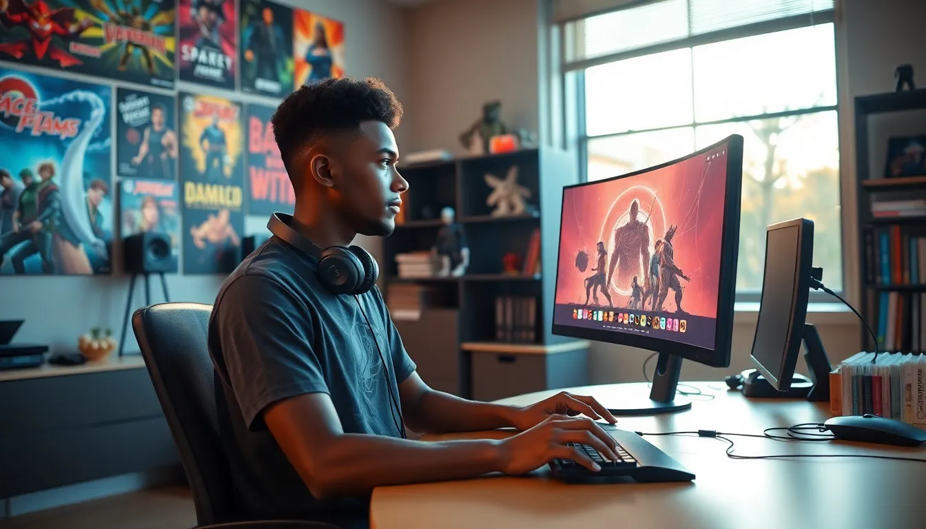 a game developer working in a modern studio filled with gaming art and tech.