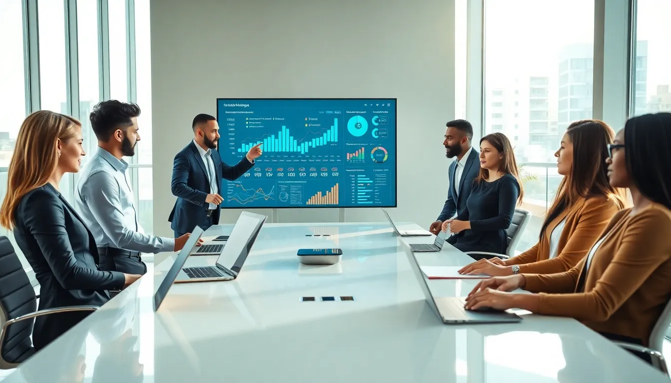 diverse professionals collaborating on technology in a modern office.