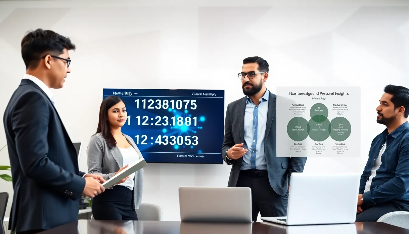 diverse team collaborating over significant numerical data in a modern office.