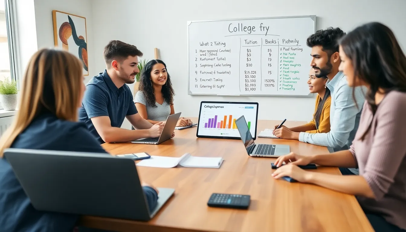 diverse students discussing college expenses in a modern workspace.