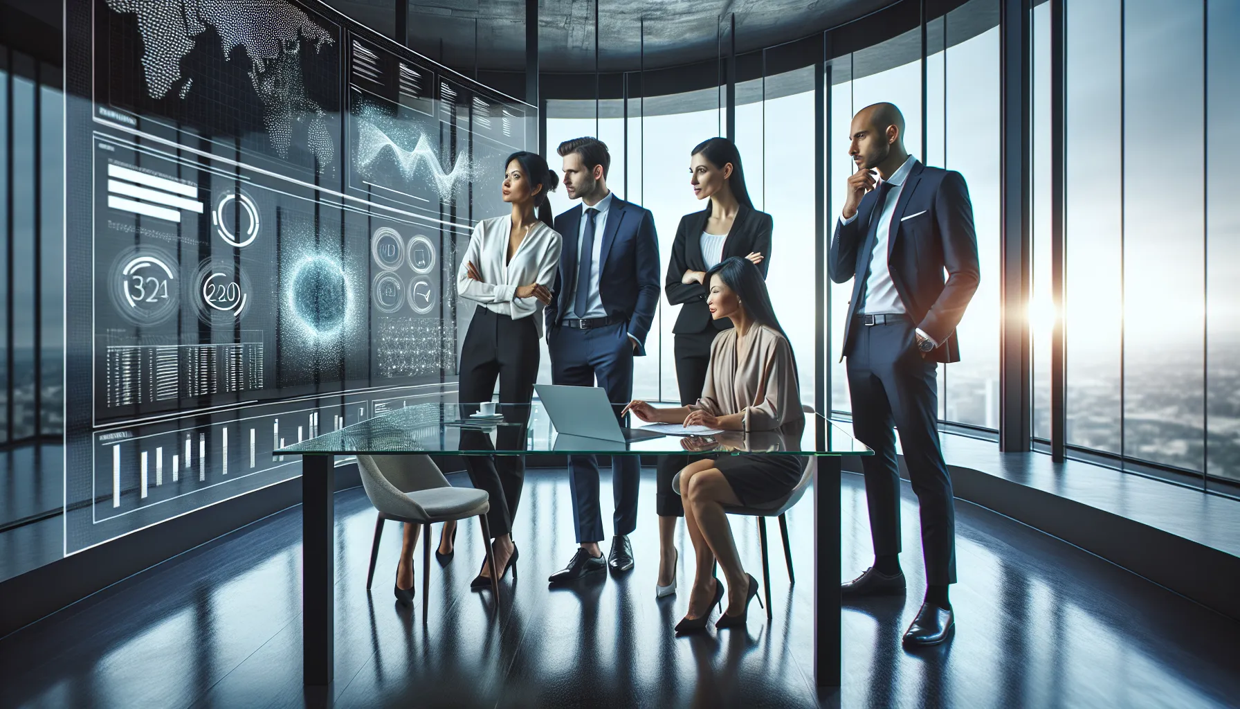 diverse team collaborating on predictive analytics in a modern office.