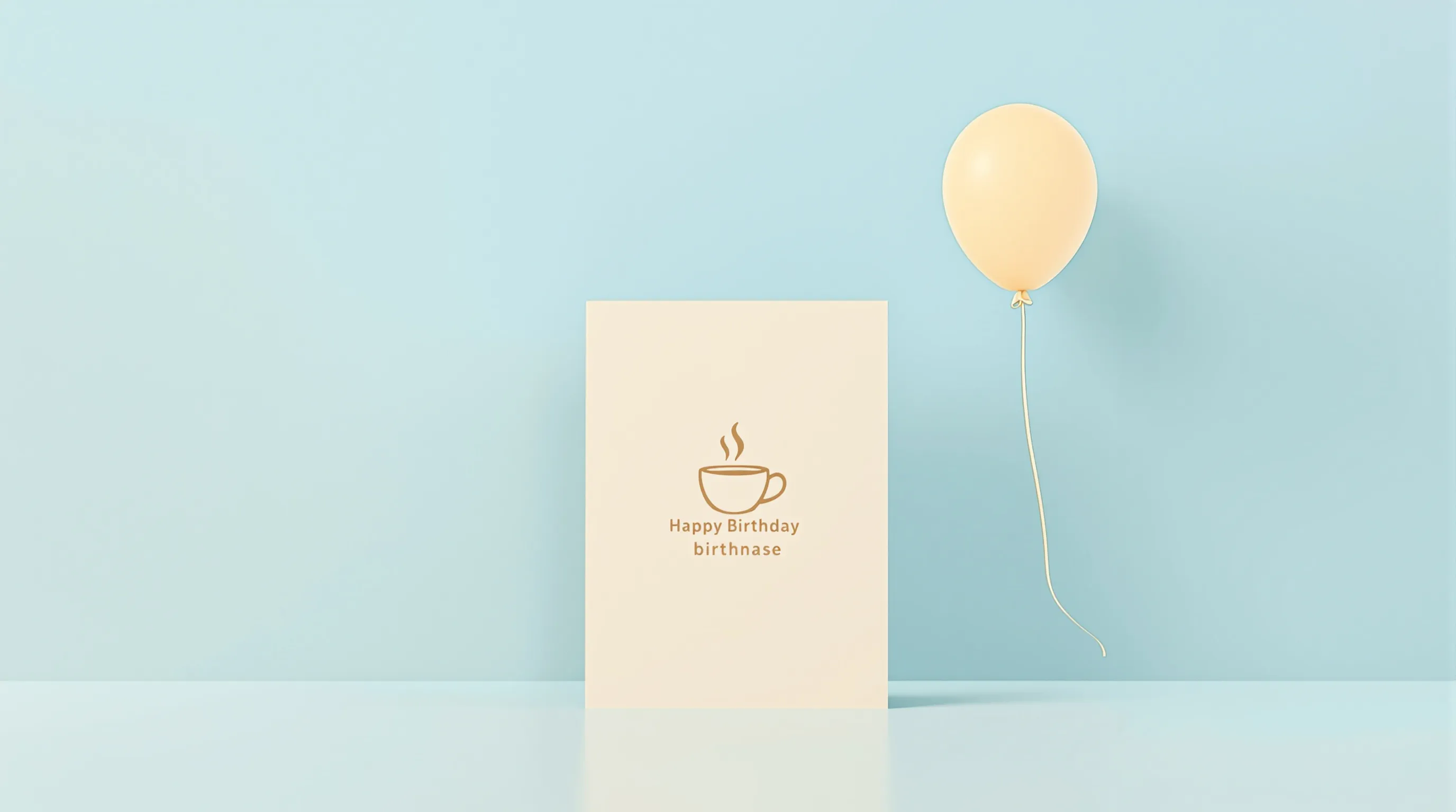 Minimalist birthday card with coffee cup icon and balloon on clean background.
