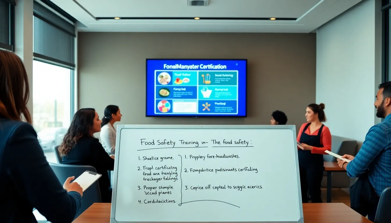 diverse professionals learning about food safety in a modern classroom.