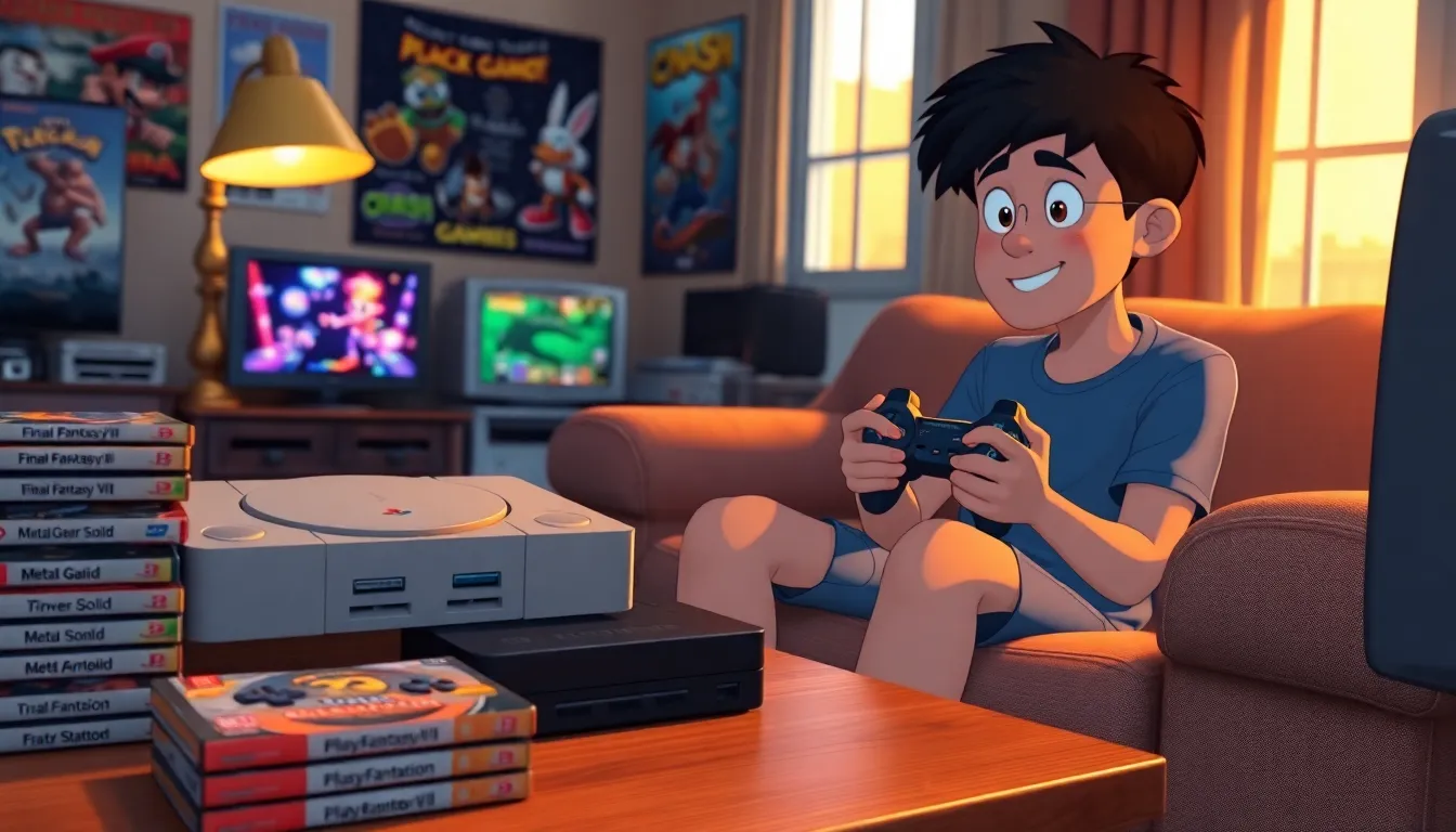 A teenager playing the original PlayStation in a cozy living room.
