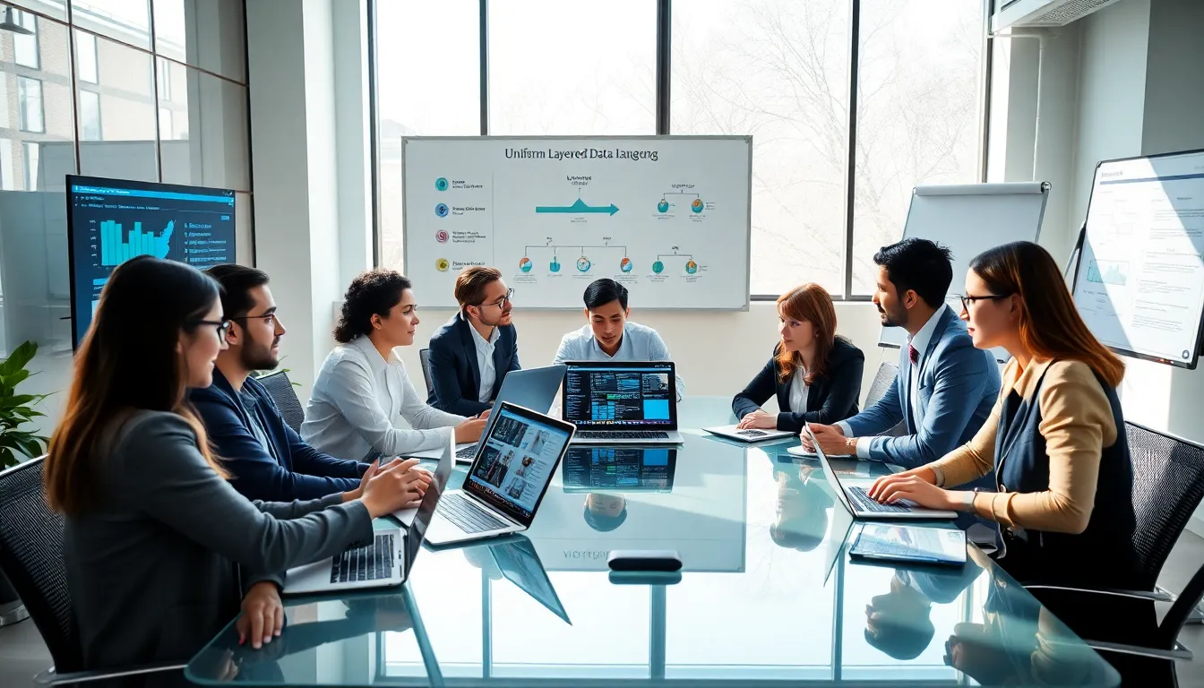 diverse team discussing data management in a modern office.