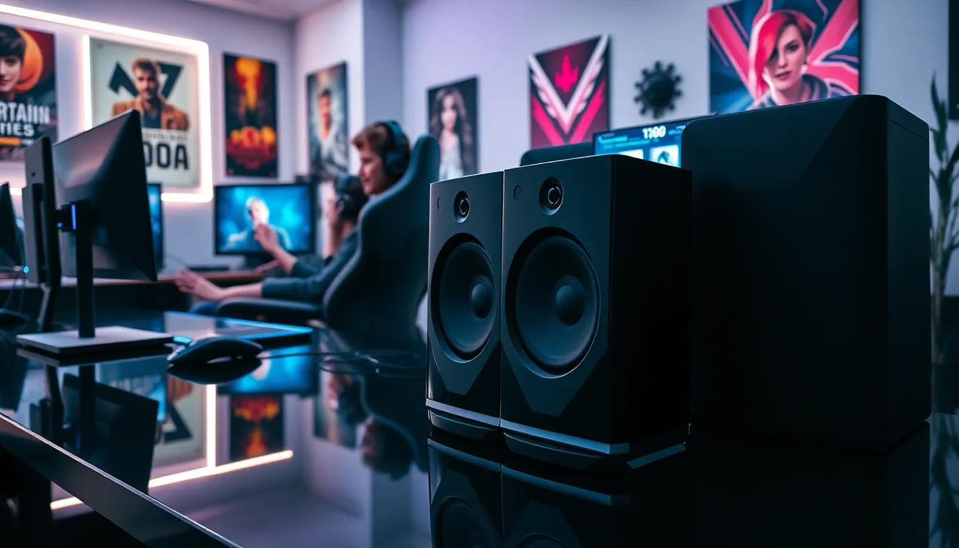 diverse gamers using quality speakers in an immersive gaming setup.