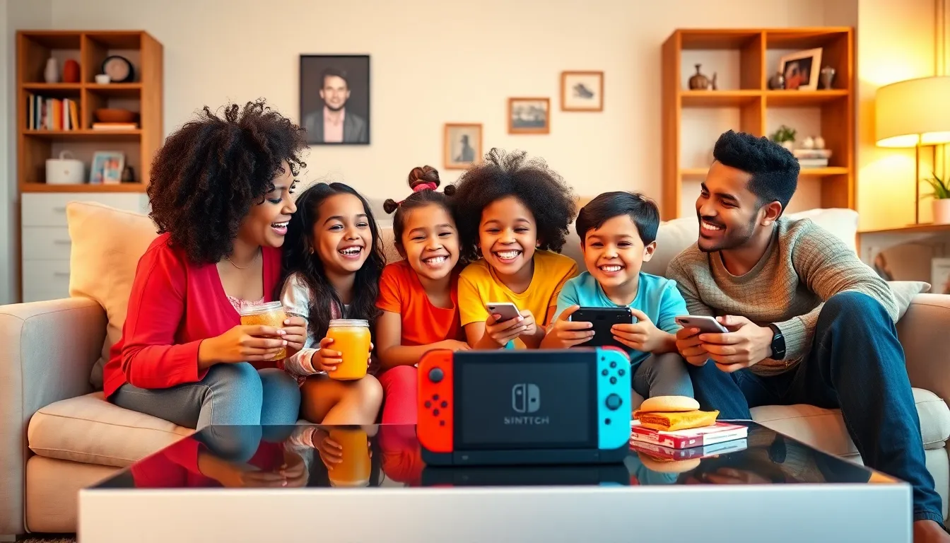 family enjoying a game in a cozy living room setting.