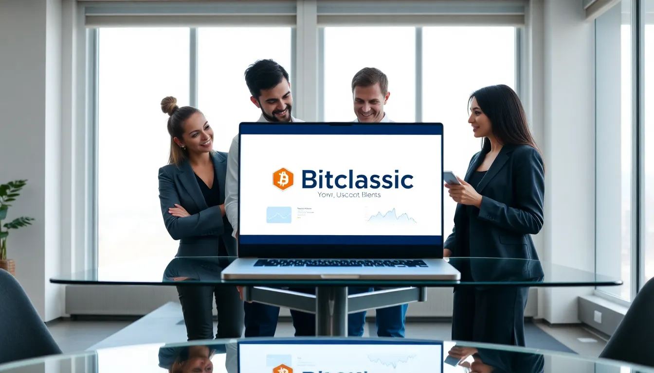 diverse team discussing cryptocurrency on a laptop in a modern office.
